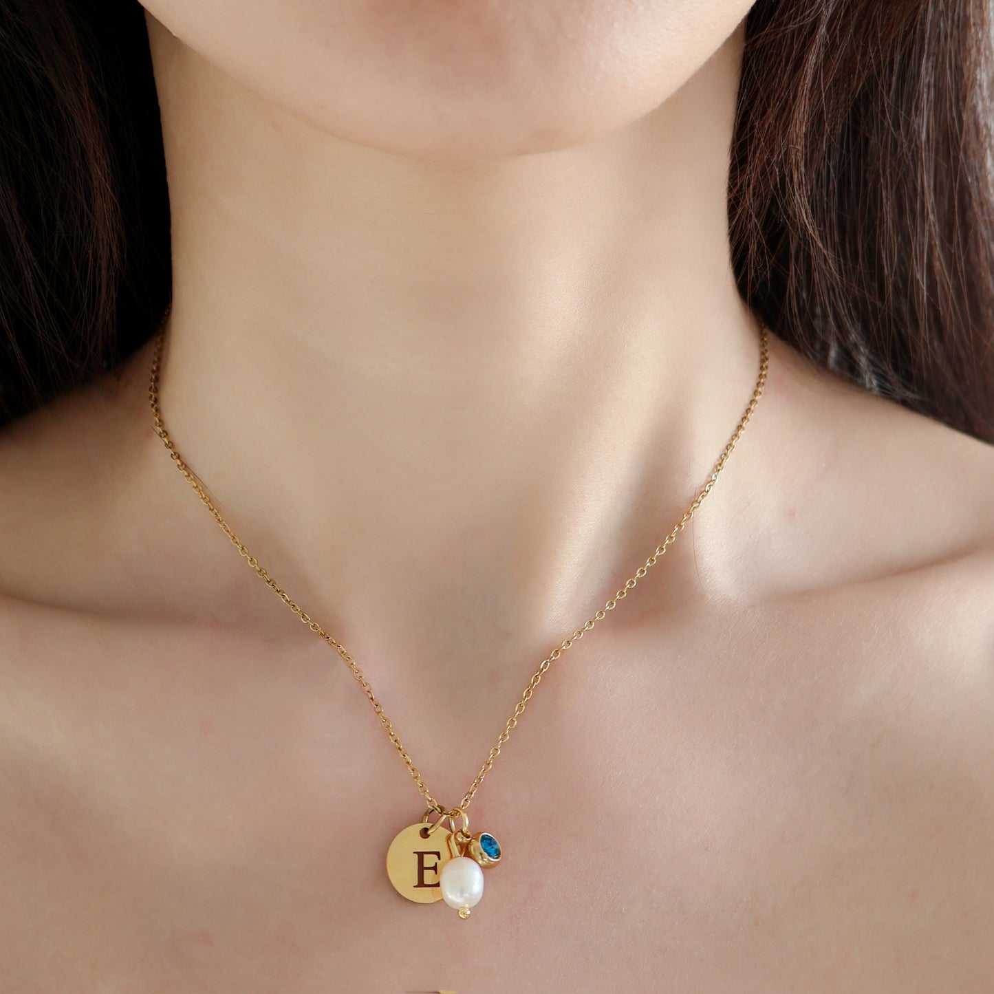 Initial with Birthstone and Pearl Necklace in Gold