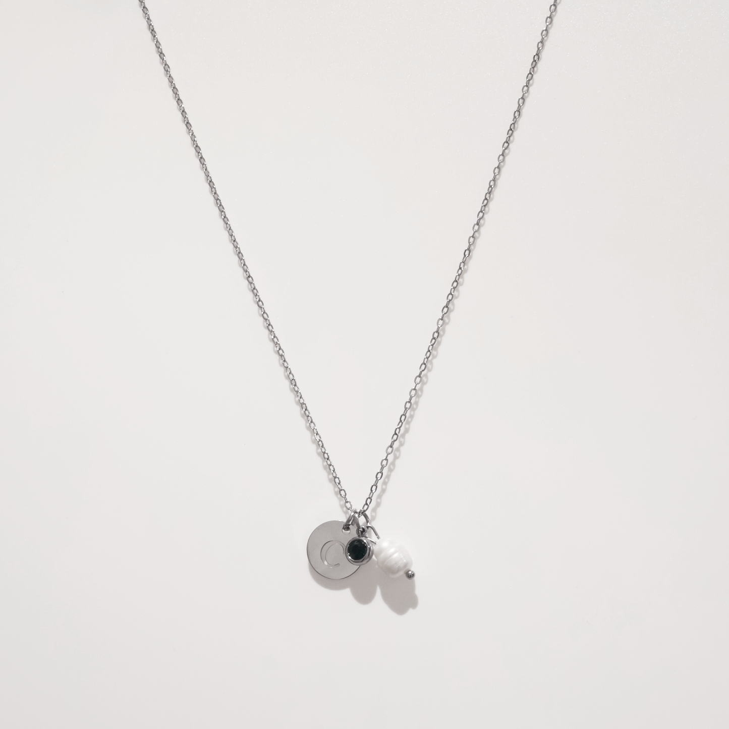 Initial with Birthstone and Pearl Necklace in Silver