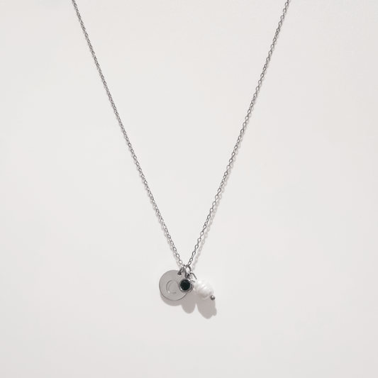 Initial with Birthstone and Pearl Necklace in Silver