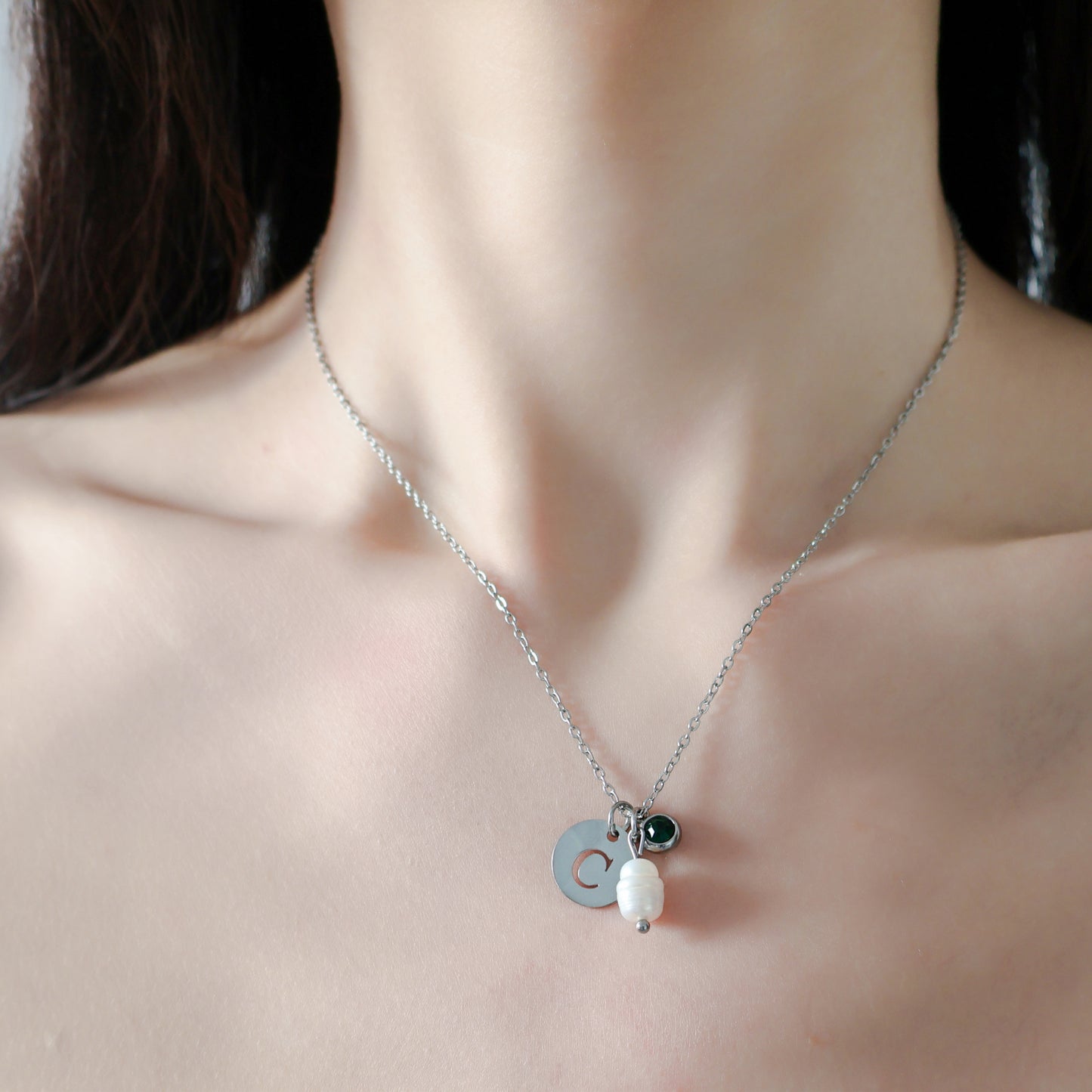 Initial with Birthstone and Pearl Necklace in Silver