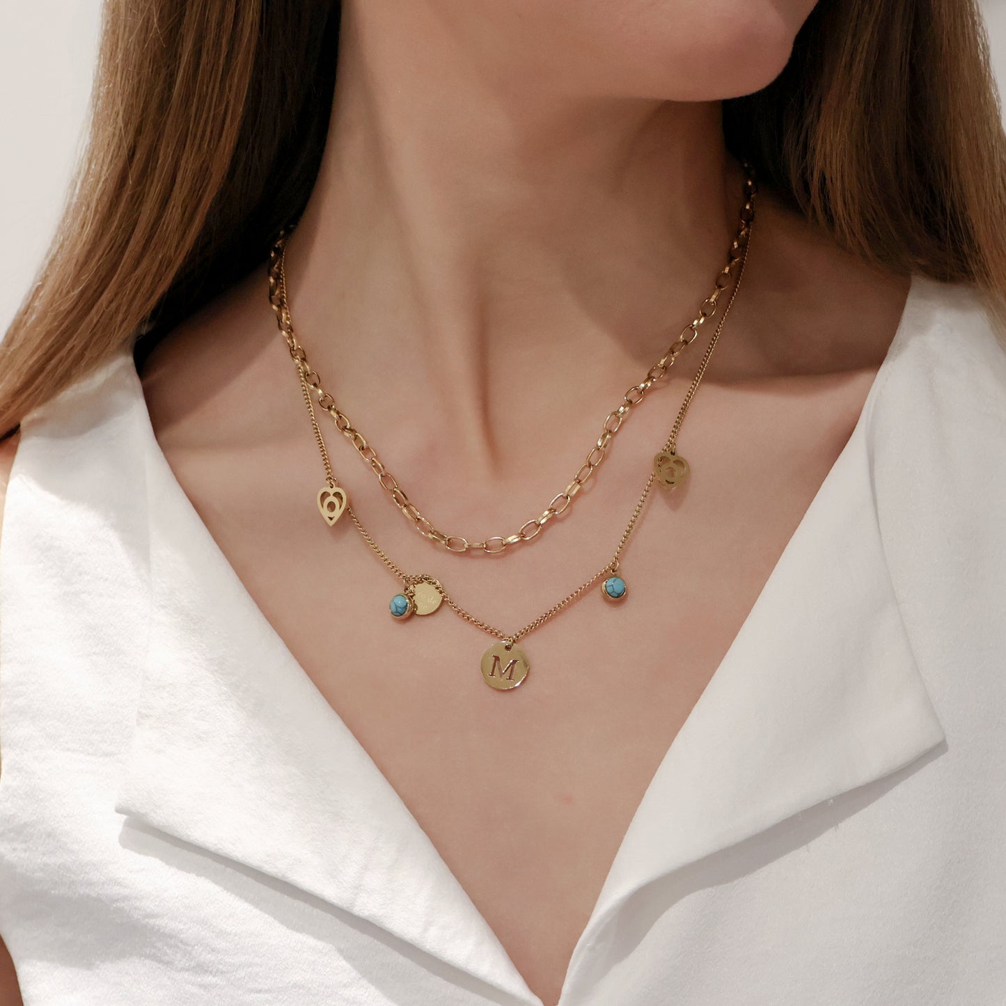 Ethereal Charm Layered Chain Necklace with Initials in Gold
