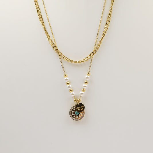 Turquoise Mandala Chain Necklace with Pearls in Gold