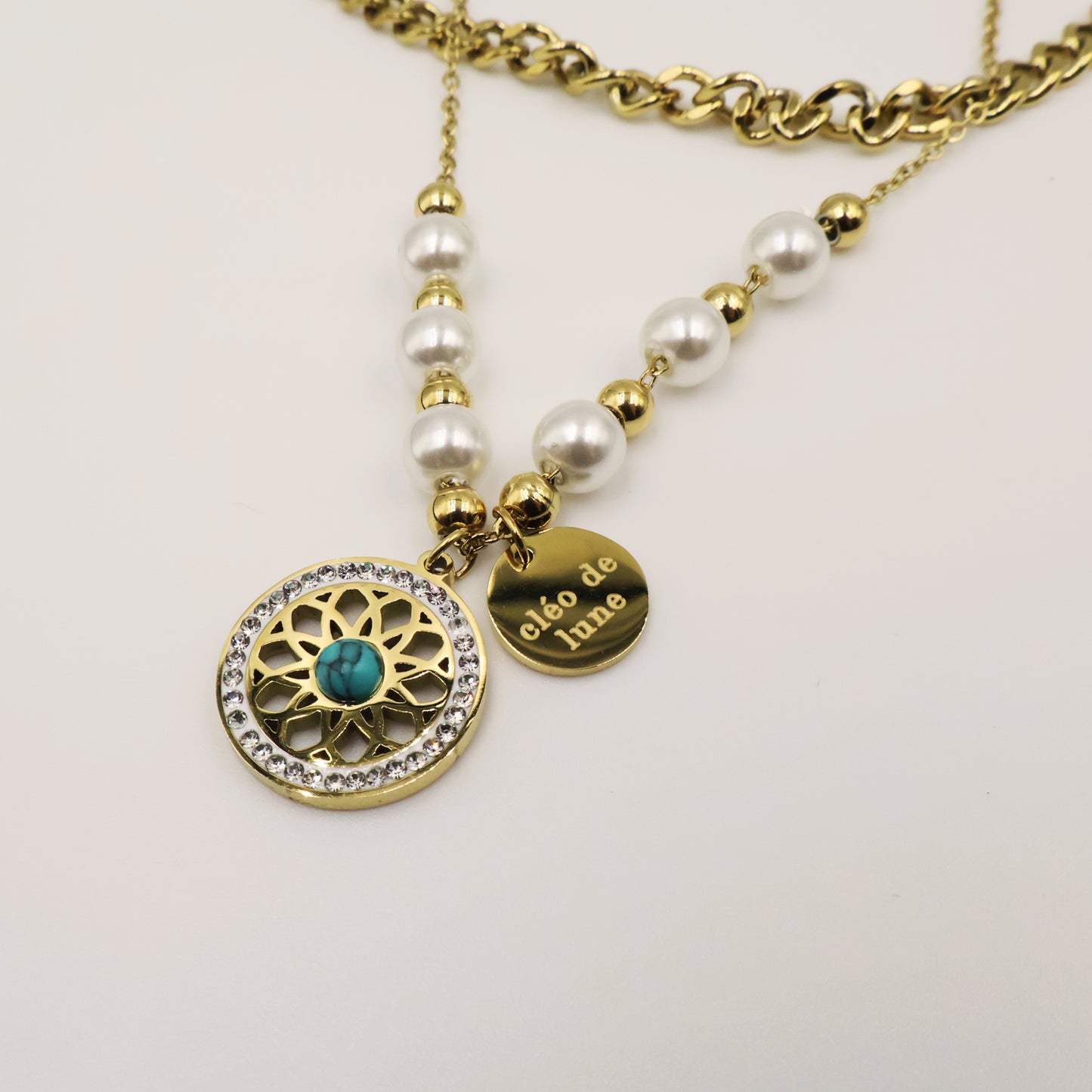 Turquoise Mandala Chain Necklace with Pearls in Gold