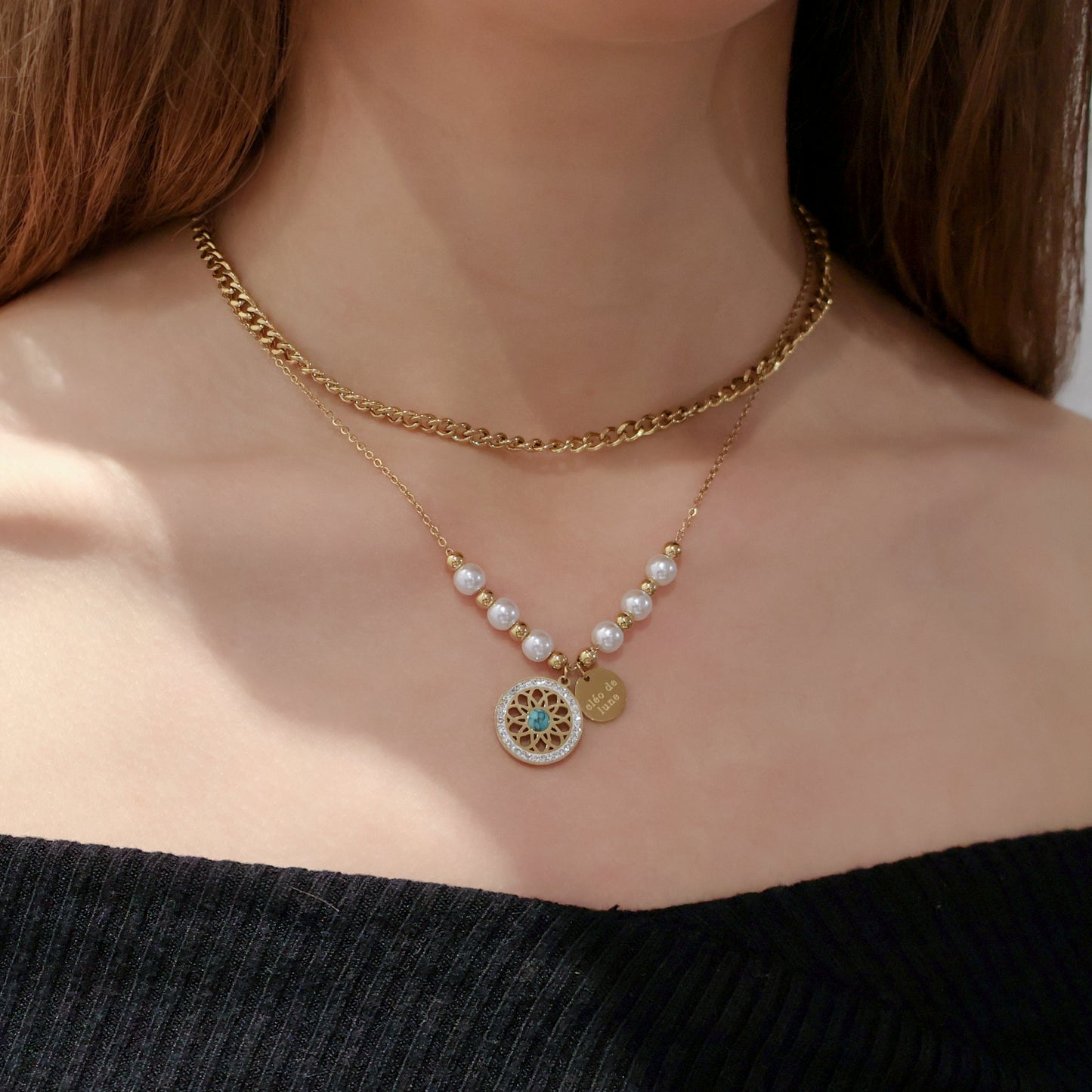 Turquoise Mandala Chain Necklace with Pearls in Gold